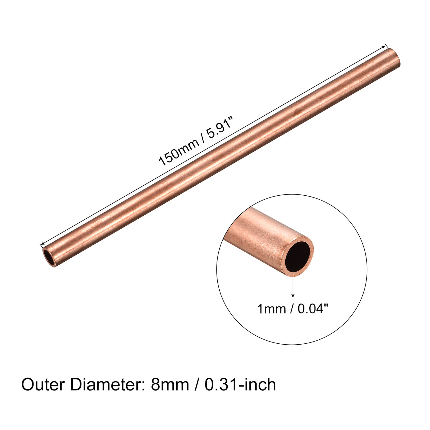uxcell Uxcell Copper Round Tube 8mm OD 1mm Wall Thickness 150mm Length Pipe Tubing 2 Pcs