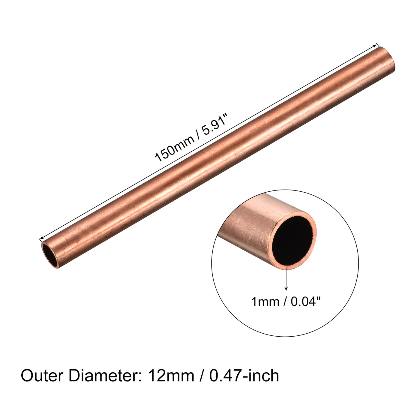 uxcell Uxcell Copper Round Tube 12mm OD 1mm Wall Thickness 150mm Length Pipe Tubing 2 Pcs