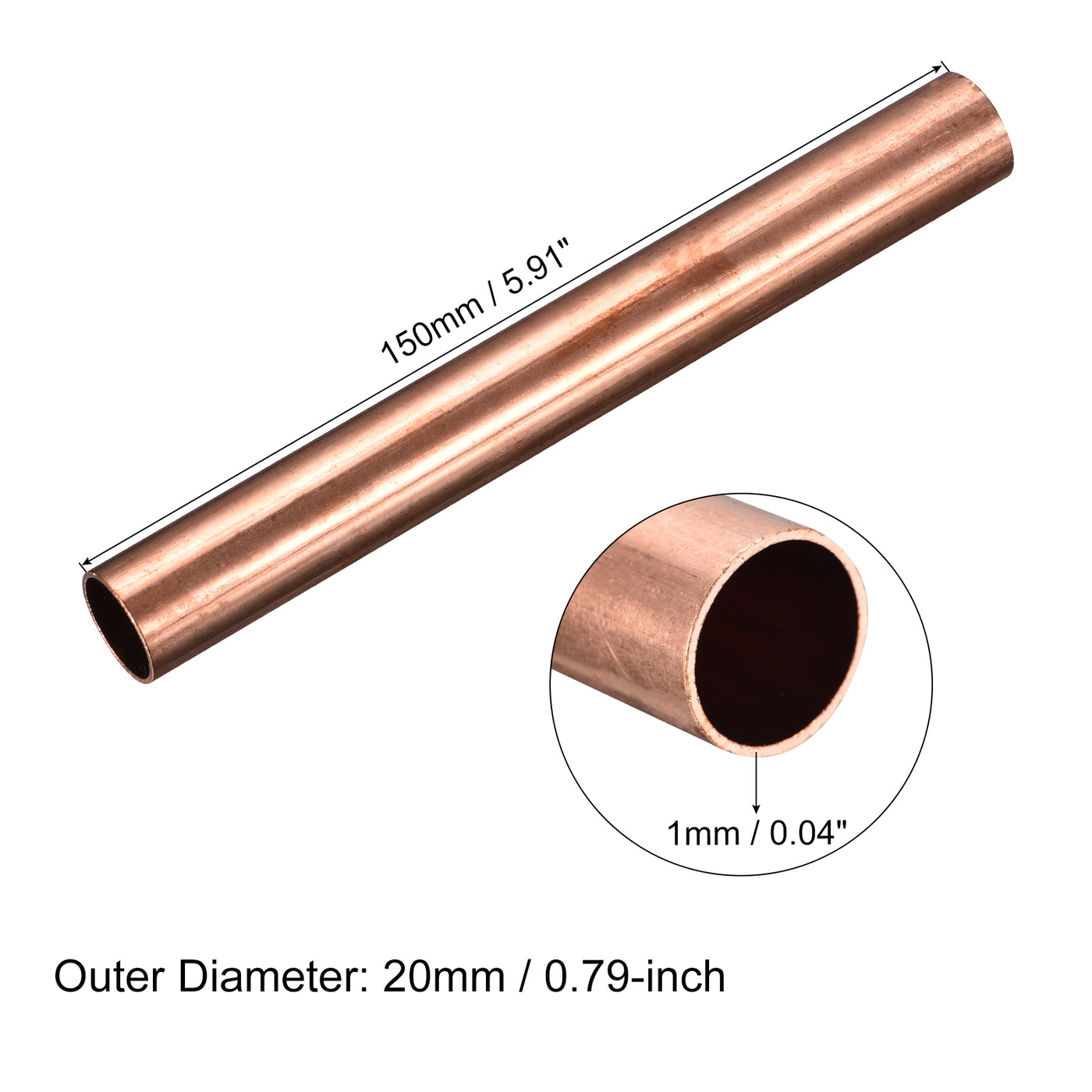 uxcell Uxcell Copper Round Tube 20mm OD 1mm Wall Thickness 150mm Length Pipe Tubing 2 Pcs