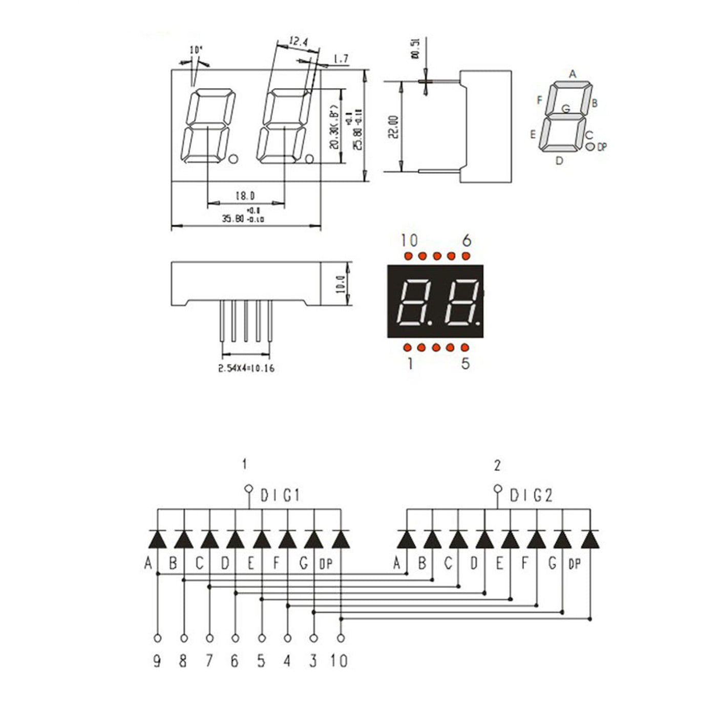 Harfington LED Display Digital Tube, 5 Pack Common Cathode 7 Segment 10 Pin 2 Bit 2.1V LED Display Module for Electronic Driver Board, Red