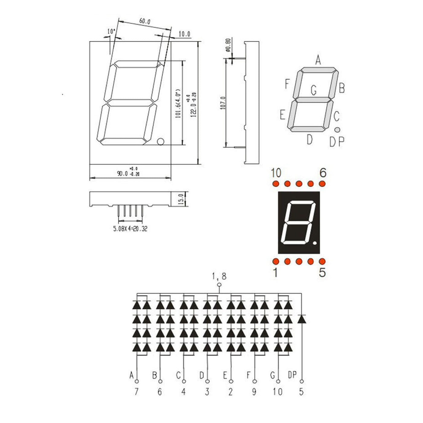 Led 4 Bit Digit LED Display Digital Tube, Common Cathode 7 Segment 10 Pin 1 Bit 7.2V 4 ...