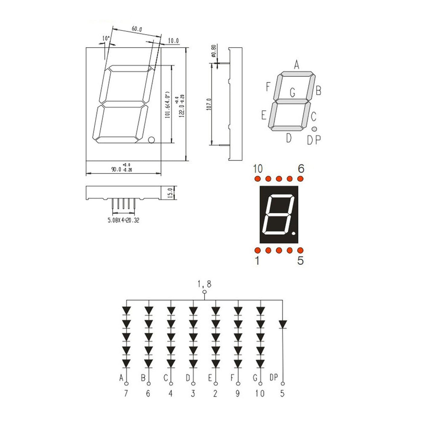 Harfington LED Display Digital Tube, Common Anode 7 Segment 10 Pin 1 Bit 9.5V 4" Digit Height LED Display Module for Electronic Driver Board, Red