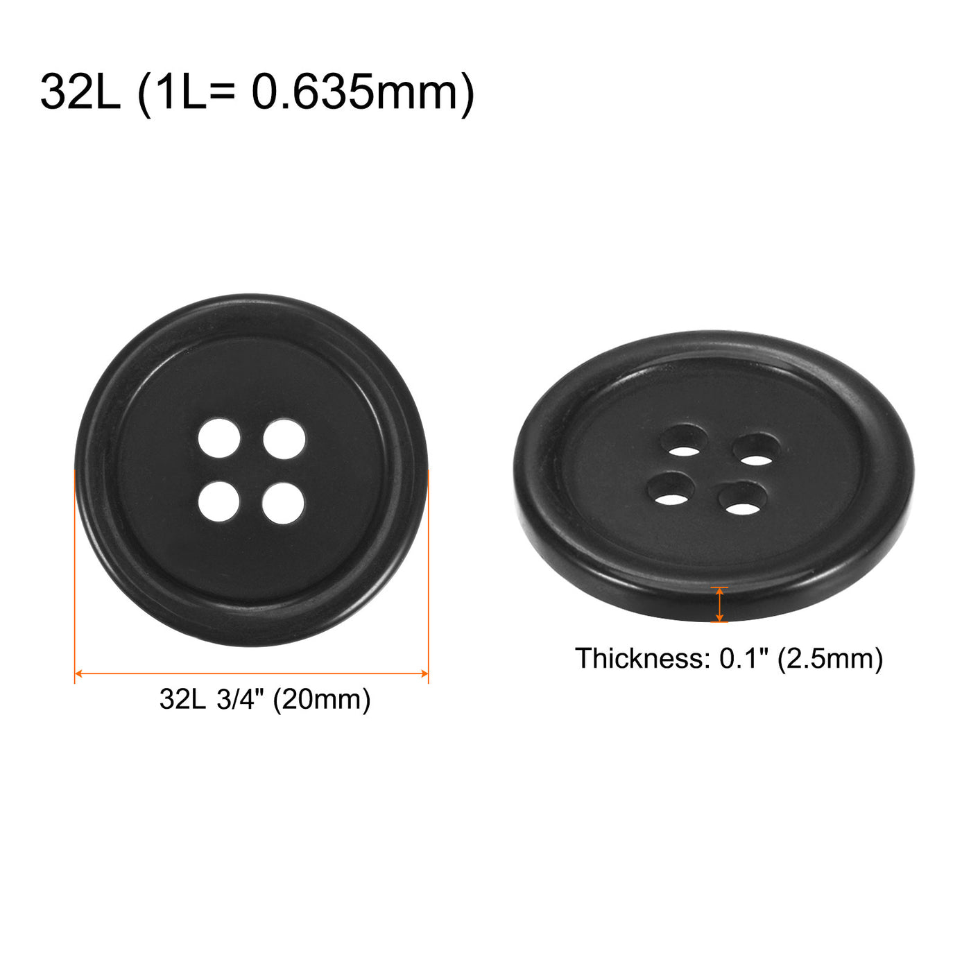 Harfington 100pcs 32L Sewing Buttons 3/4" Resin Round Flat 4-Hole Craft Buttons, Black