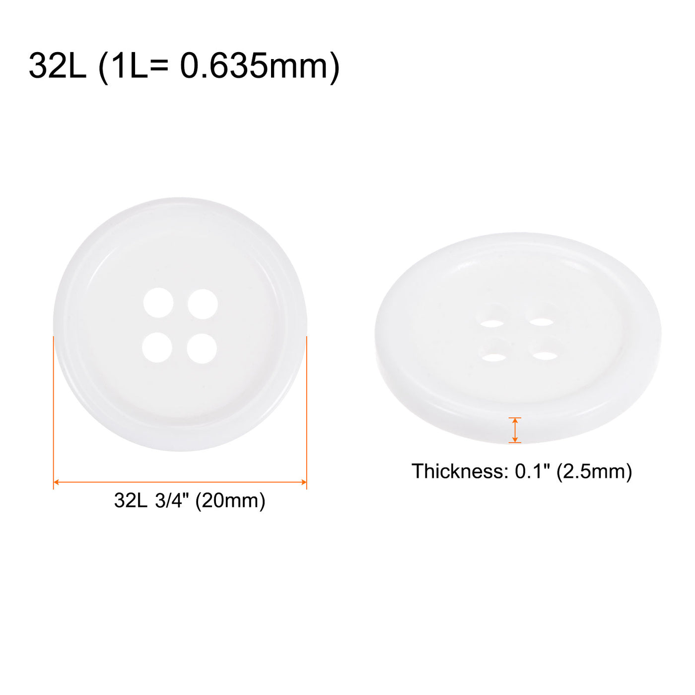 Harfington 100pcs 32L Sewing Buttons 3/4" Resin Round Flat 4-Hole Craft Buttons, White