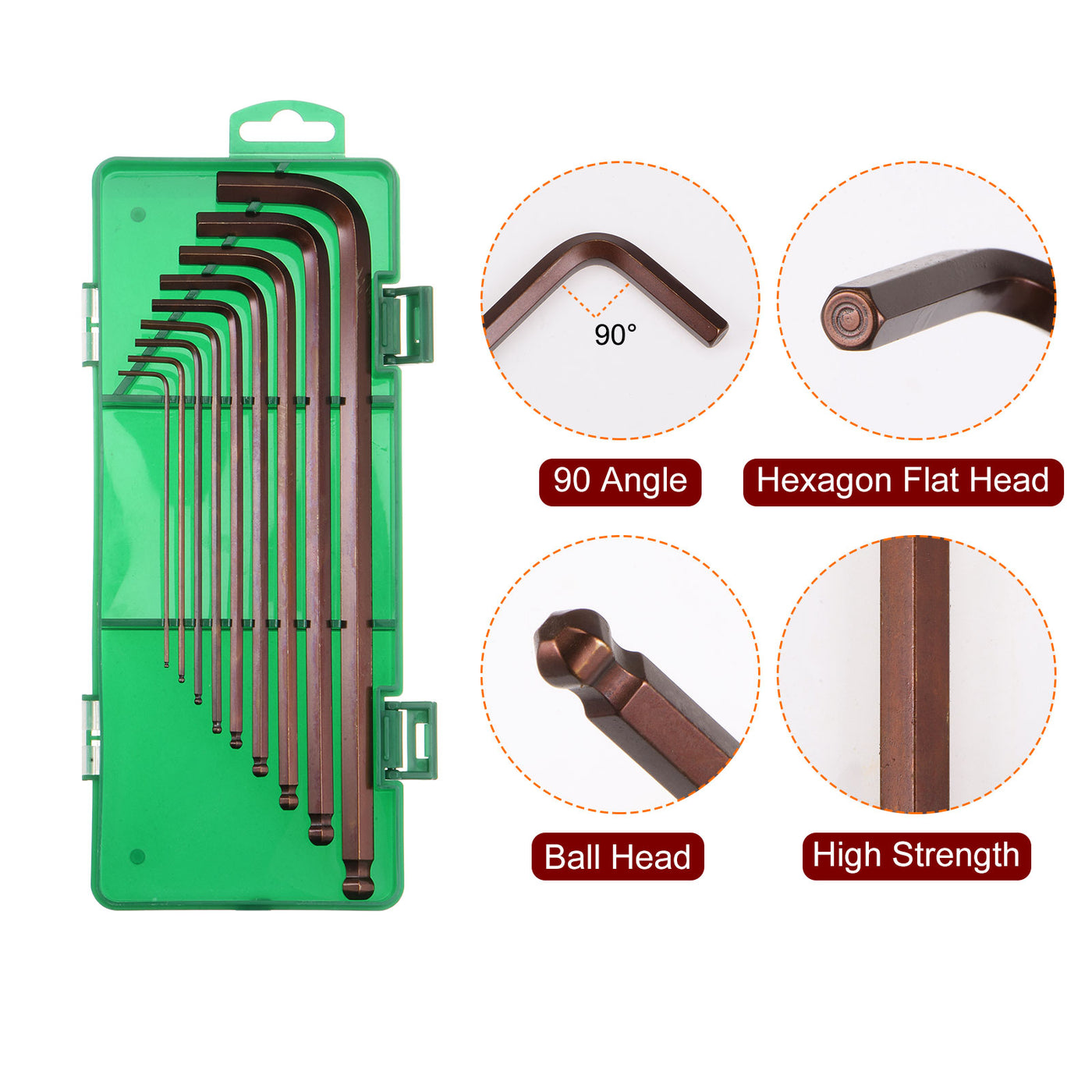 Harfington 9 Pieces Ball End Hex Key Wrench Set S2 Steel Repairing Tool with Plastic Case