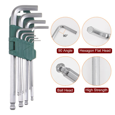 Harfington 9 Pieces Ball End Hex Key Wrench Set Inch CR-V Steel L Shaped Repairing Tool