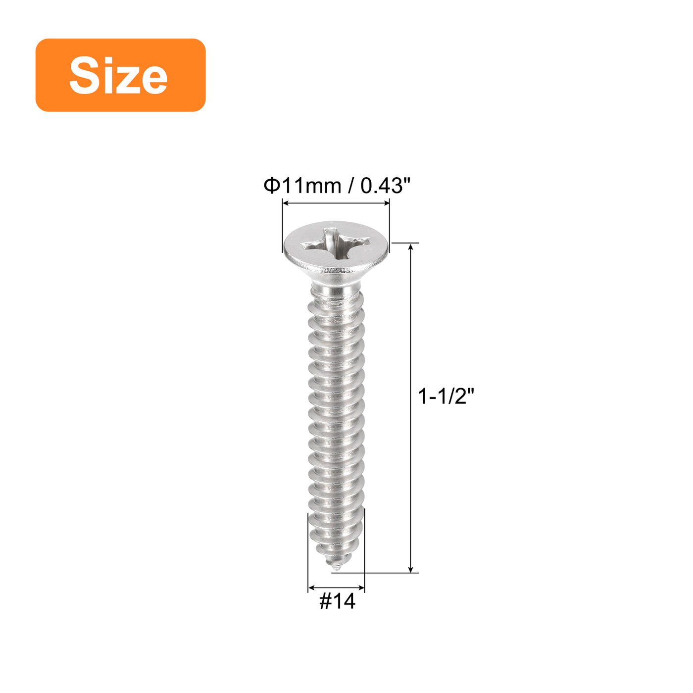 uxcell Uxcell #14x1-1/2" Wood Screws, 15pcs Phillips Self Tapping Screws 304 Stainless Steel