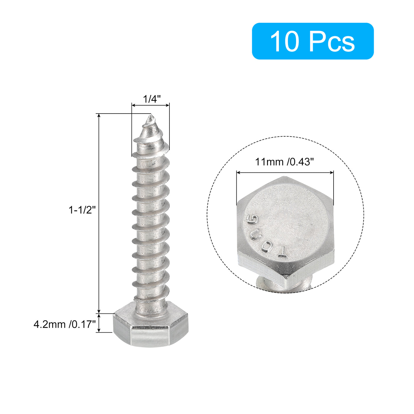 uxcell Uxcell Hex Head Lag Screws Bolts, 10pcs 1/4" x 1-1/2" 304 Stainless Steel Wood Screws