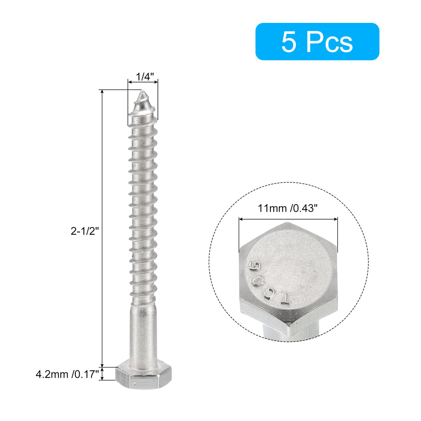 uxcell Uxcell Hex Head Lag Screws Bolts, 5pcs 1/4" x 2-1/2" 304 Stainless Steel Wood Screws