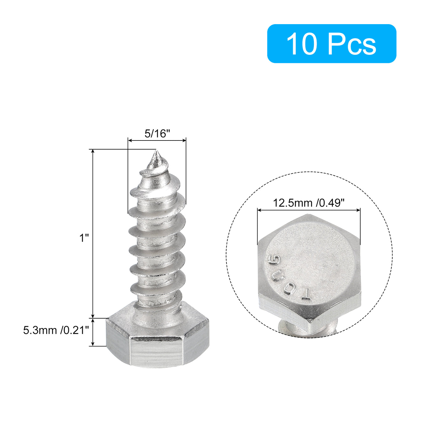uxcell Uxcell Hex Head Lag Screws Bolts, 10pcs 5/16" x 1" 304 Stainless Steel Wood Screws