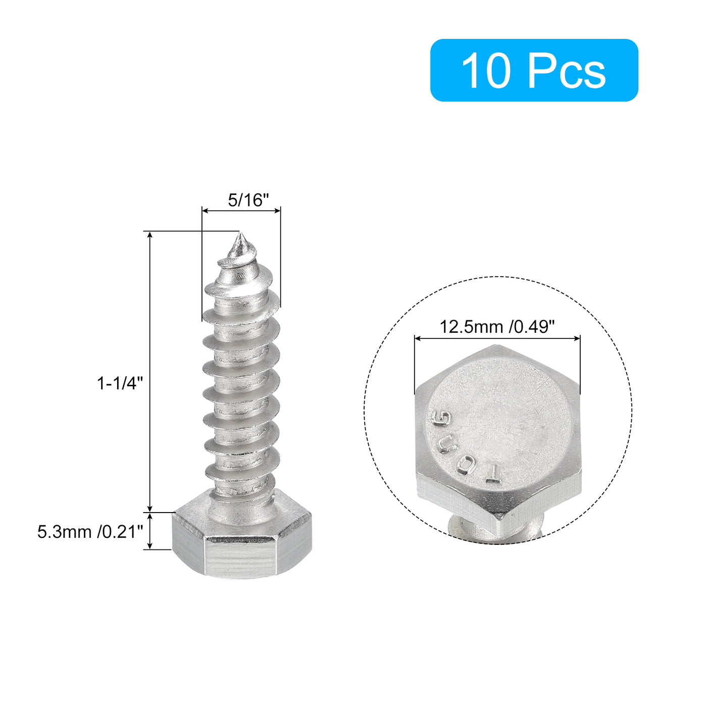 uxcell Uxcell Hex Head Lag Screws Bolts, 10pcs 5/16" x 1-1/4" 304 Stainless Steel Wood Screws