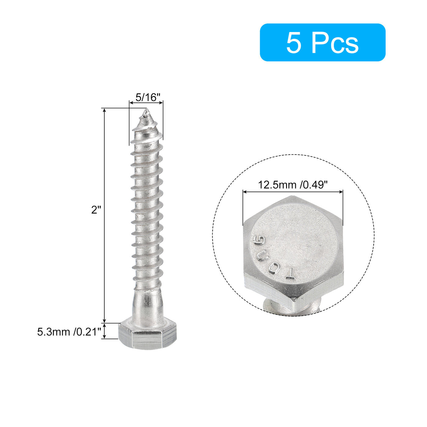 uxcell Uxcell Hex Head Lag Screws Bolts, 5pcs 5/16" x 2" 304 Stainless Steel Wood Screws