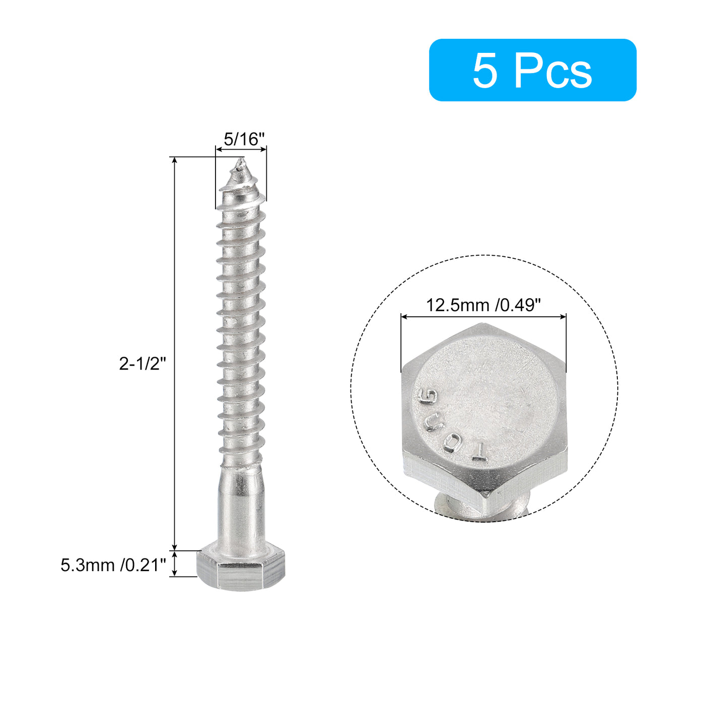 uxcell Uxcell Hex Head Lag Screws Bolts, 5pcs 5/16" x 2-1/2" 304 Stainless Steel Wood Screws