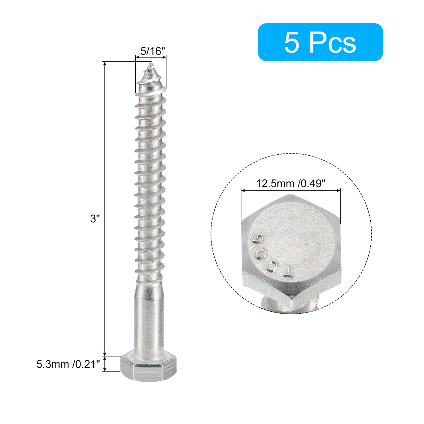 uxcell Uxcell Hex Head Lag Screws Bolts, 5pcs 5/16" x 3" 304 Stainless Steel Wood Screws