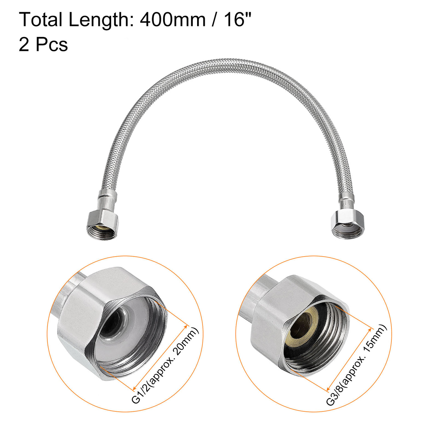 uxcell Uxcell 16 Inch Long Faucet Supply Line Connector, 2pcs G3/8 Female Compression Thread x G1/2 Female Straight Thread 304 Stainless Steel Water Supply Hose