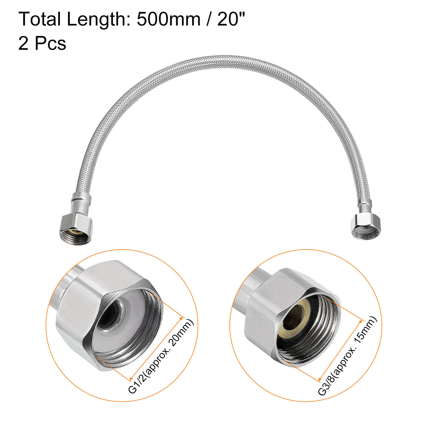 uxcell Uxcell 20 Inch Long Faucet Supply Line Connector, 2pcs G3/8 Female Compression Thread x G1/2 Female Straight Thread 304 Stainless Steel Water Supply Hose