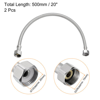 Harfington Uxcell 20 Inch Long Faucet Supply Line Connector, 2pcs G3/8 Female Compression Thread x G1/2 Female Straight Thread 304 Stainless Steel Water Supply Hose