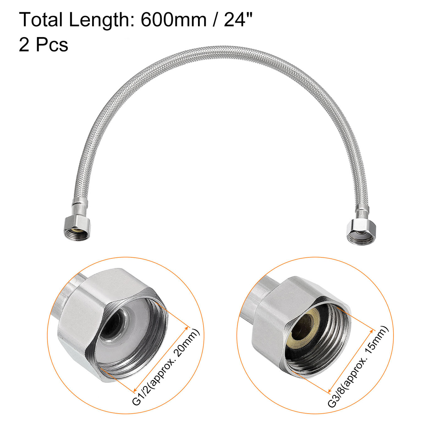 uxcell Uxcell 24 Inch Long Faucet Supply Line Connector, 2pcs G3/8 Female Compression Thread x G1/2 Female Straight Thread 304 Stainless Steel Water Supply Hose