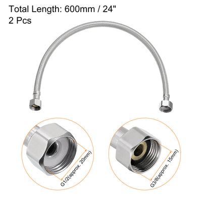 Harfington Uxcell 24 Inch Long Faucet Supply Line Connector, 2pcs G3/8 Female Compression Thread x G1/2 Female Straight Thread 304 Stainless Steel Water Supply Hose
