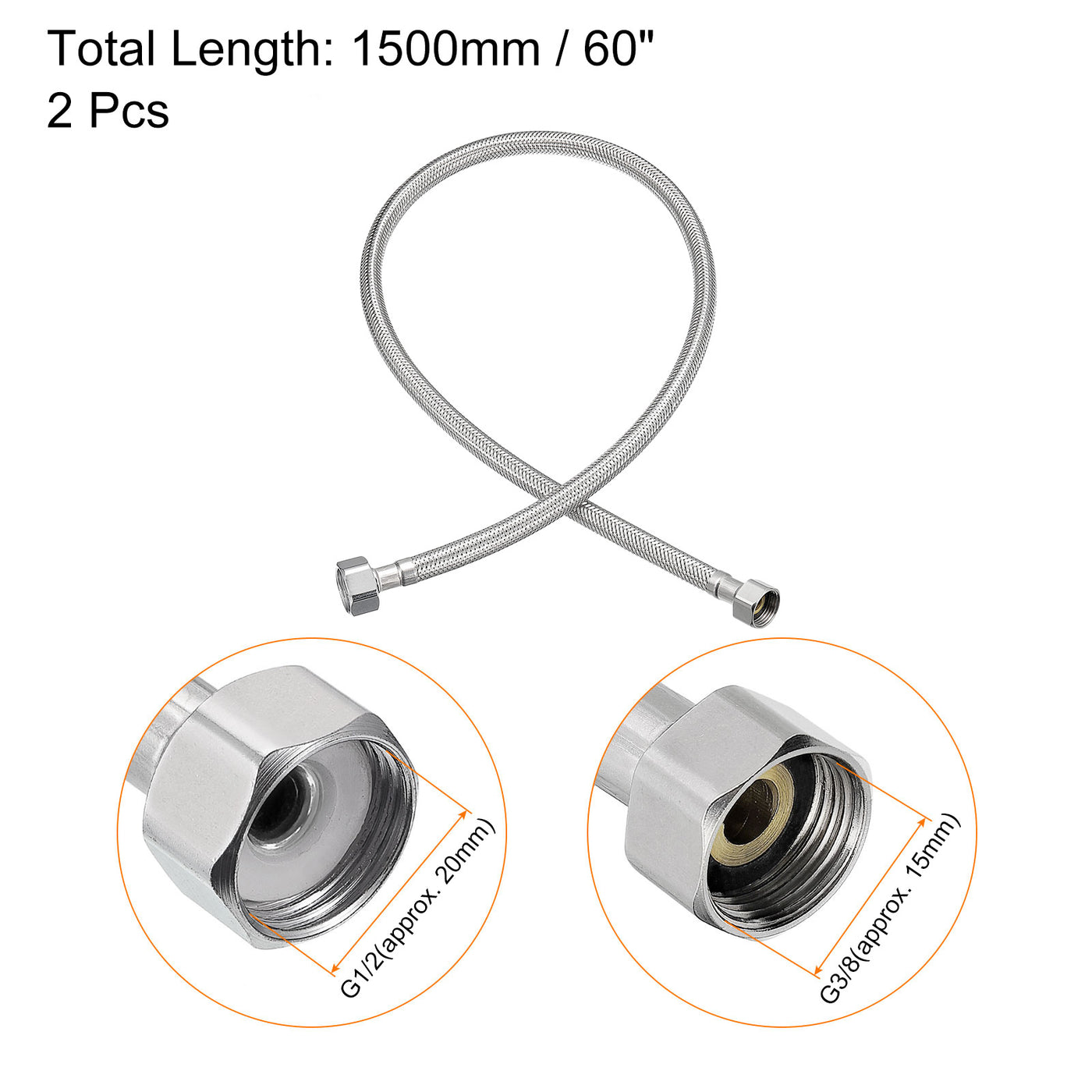 uxcell Uxcell 60 Inch Long Faucet Supply Line Connector, 2pcs G3/8 Female Compression Thread x G1/2 Female Straight Thread 304 Stainless Steel Water Supply Hose