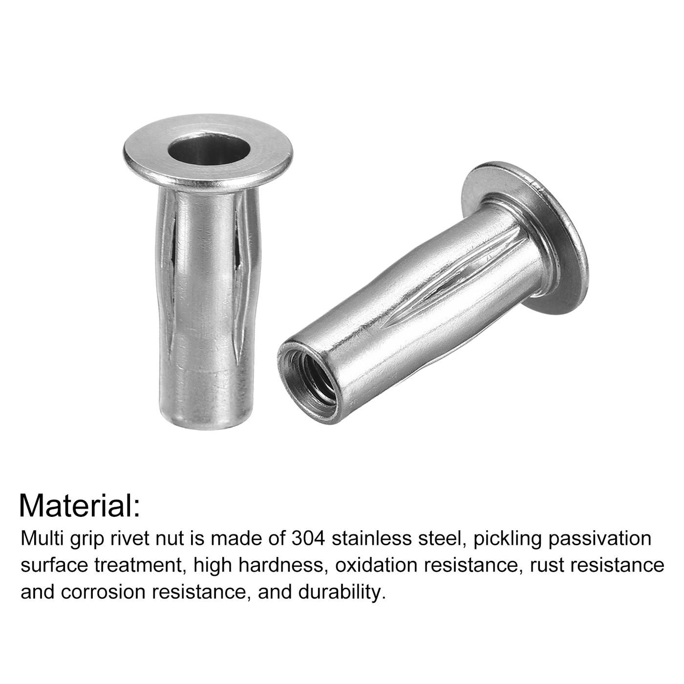 uxcell Uxcell Multi-Grip Rivet Nuts, Pre-Bulbed Shank Flat Head Threaded Insert Nut 304 Stainless Steel Plus Nuts