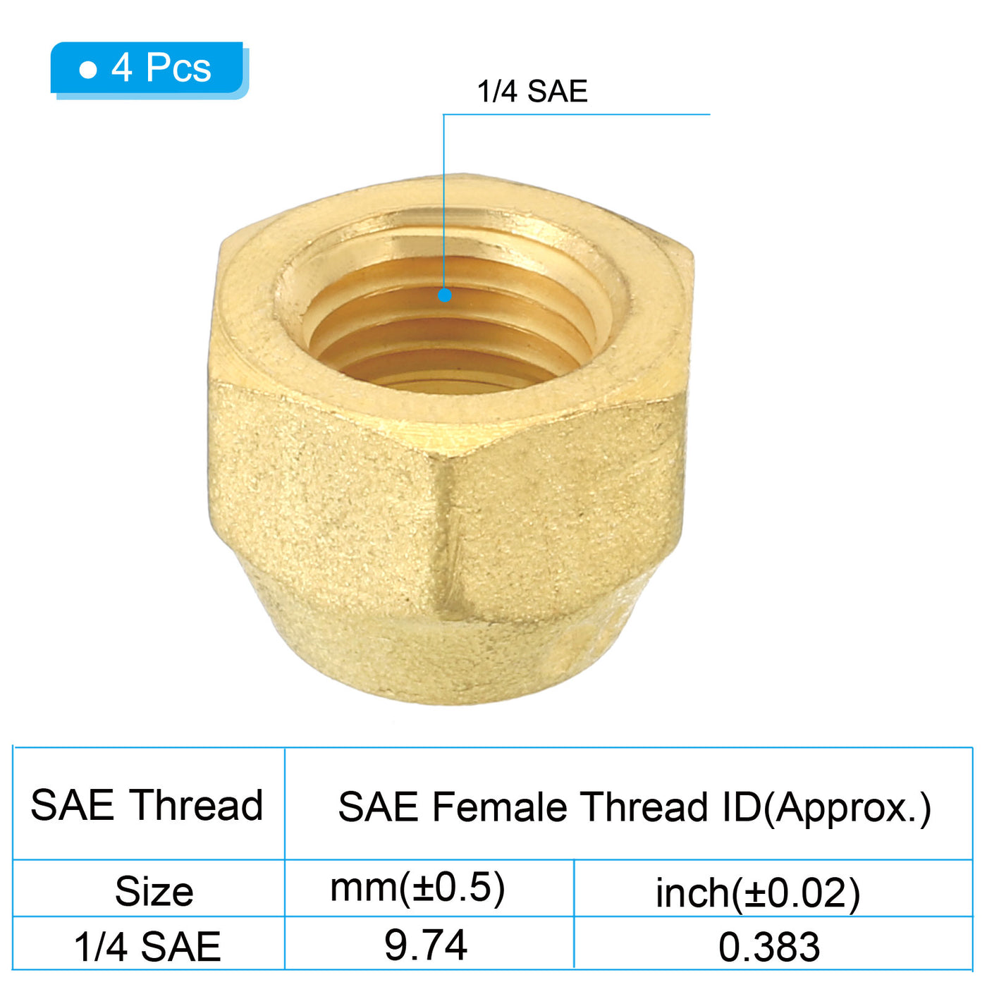 Harfington 1/4 SAE Thread Brass Flare Nut, 4 Pack 45 Degree Flared Tube Fitting Nut Hydraulic Pipe Fitting for Air Conditioner Water Gas Line, Matte Surface