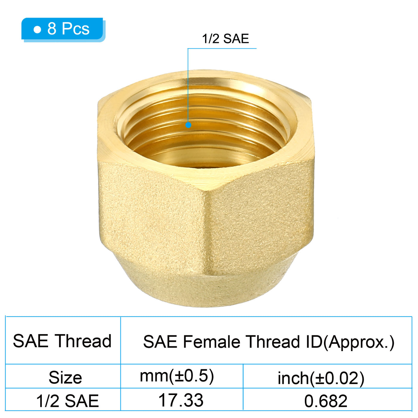 Harfington 1/2 SAE Thread Brass Flare Cap, 8 Pack 45 Degree Flared Tube Fitting Nut Hydraulic Pipe Fitting for Air Conditioner Water Gas Line, Matte Surface