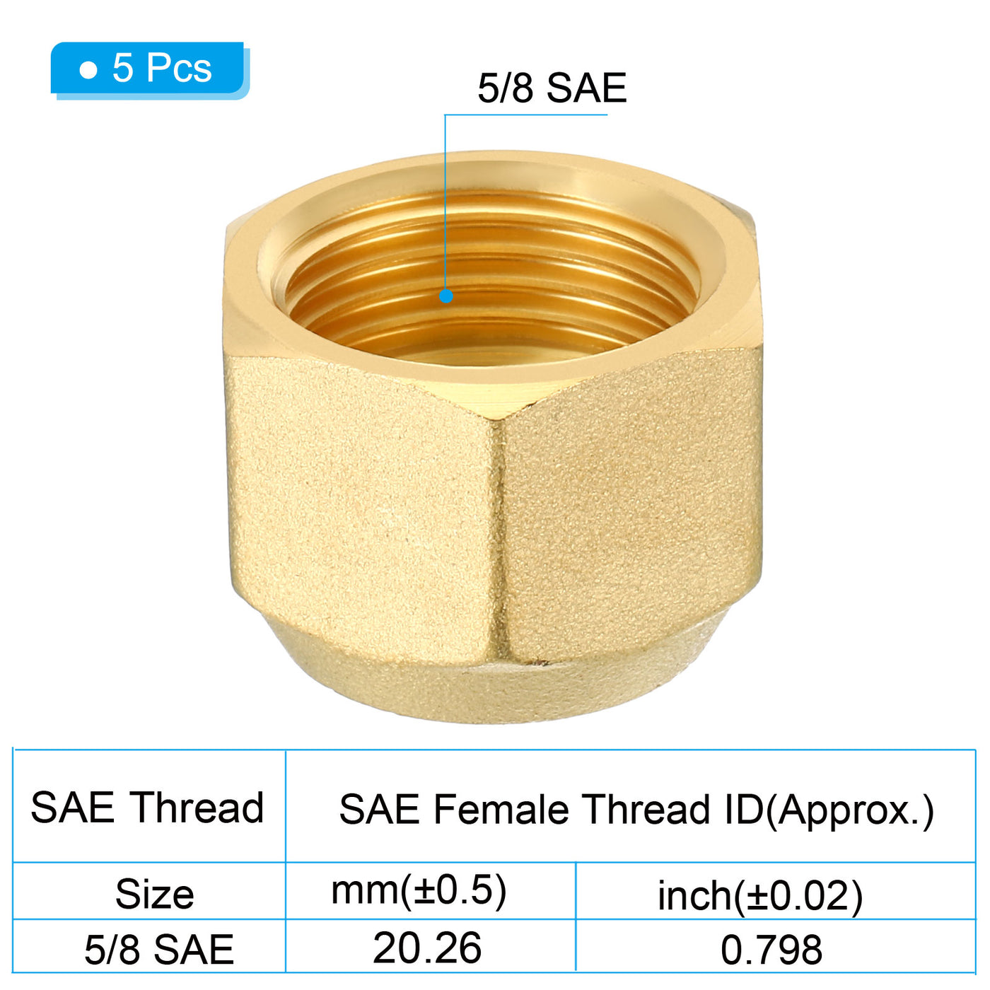 Harfington 5/8 SAE Thread Brass Flare Nut, 5 Pack 45 Degree Flared Tube Fitting Nut Hydraulic Pipe Fitting for Air Conditioner Water Gas Line, Matte Surface