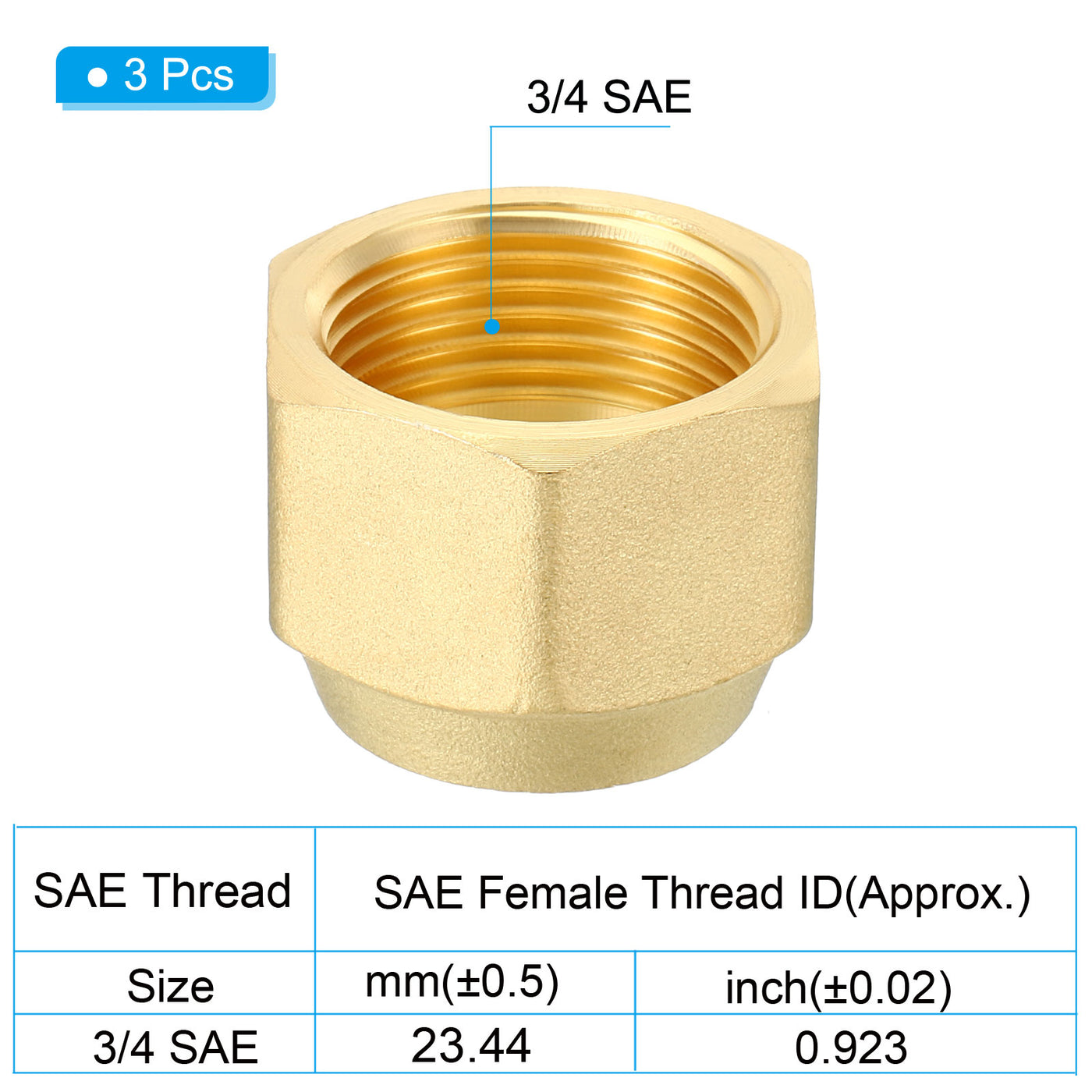 Harfington 3/4 SAE Thread Brass Flare Nut, 3 Pack 45 Degree Flared Tube Fitting Nut Hydraulic Pipe Fitting for Air Conditioner Water Gas Line, Matte Surface