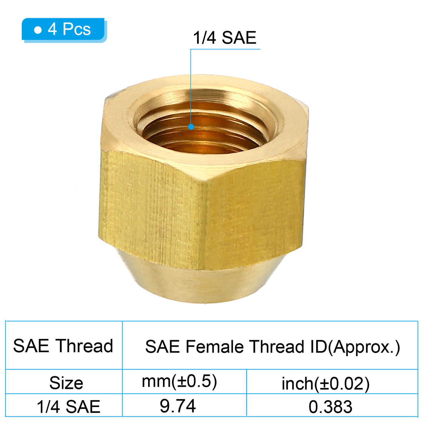 Harfington 1/4 SAE Thread Brass Flare Nut, 4 Pack 45 Degree Flared Tube Fitting Nut Hydraulic Pipe Fitting for Air Conditioner Water Gas Line, Glossy Surface