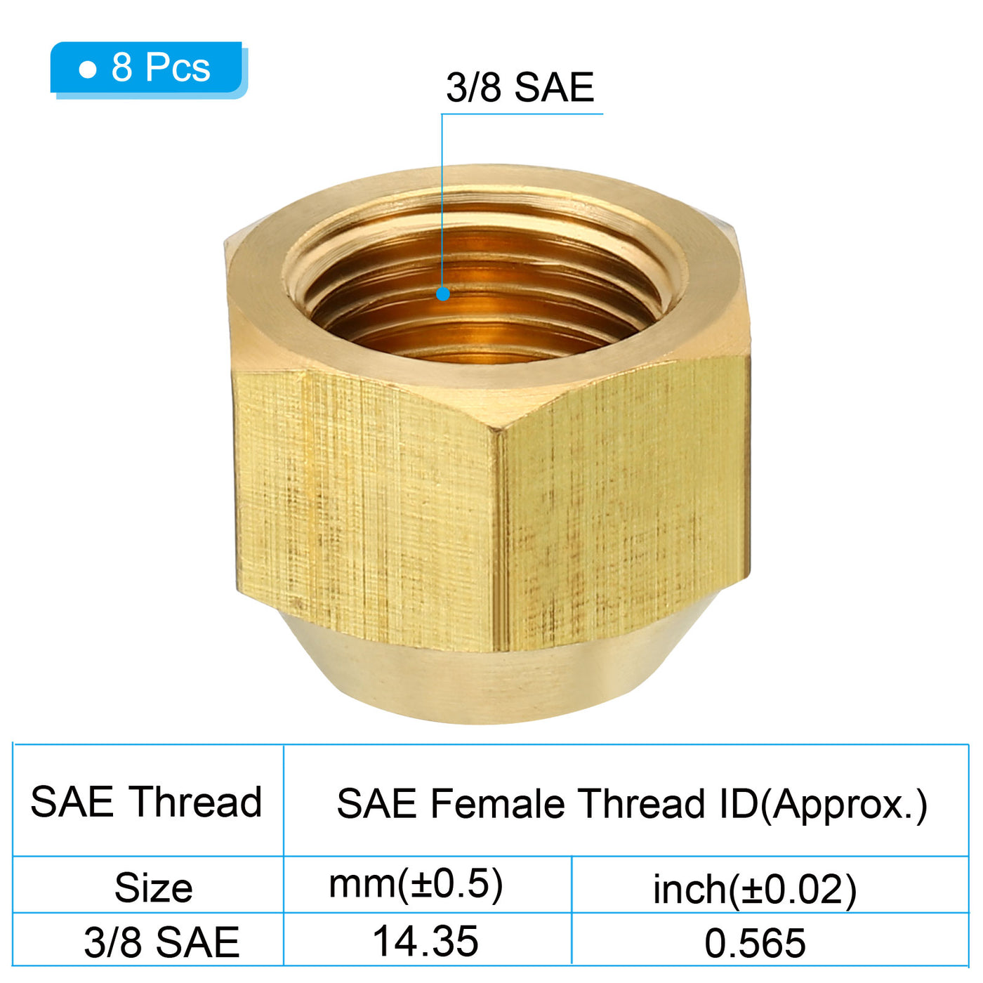 Harfington 3/8 SAE Thread Brass Flare Nut, 8 Pack 45 Degree Flared Tube Fitting Nut Hydraulic Pipe Fitting for Air Conditioner Water Gas Line, Glossy Surface