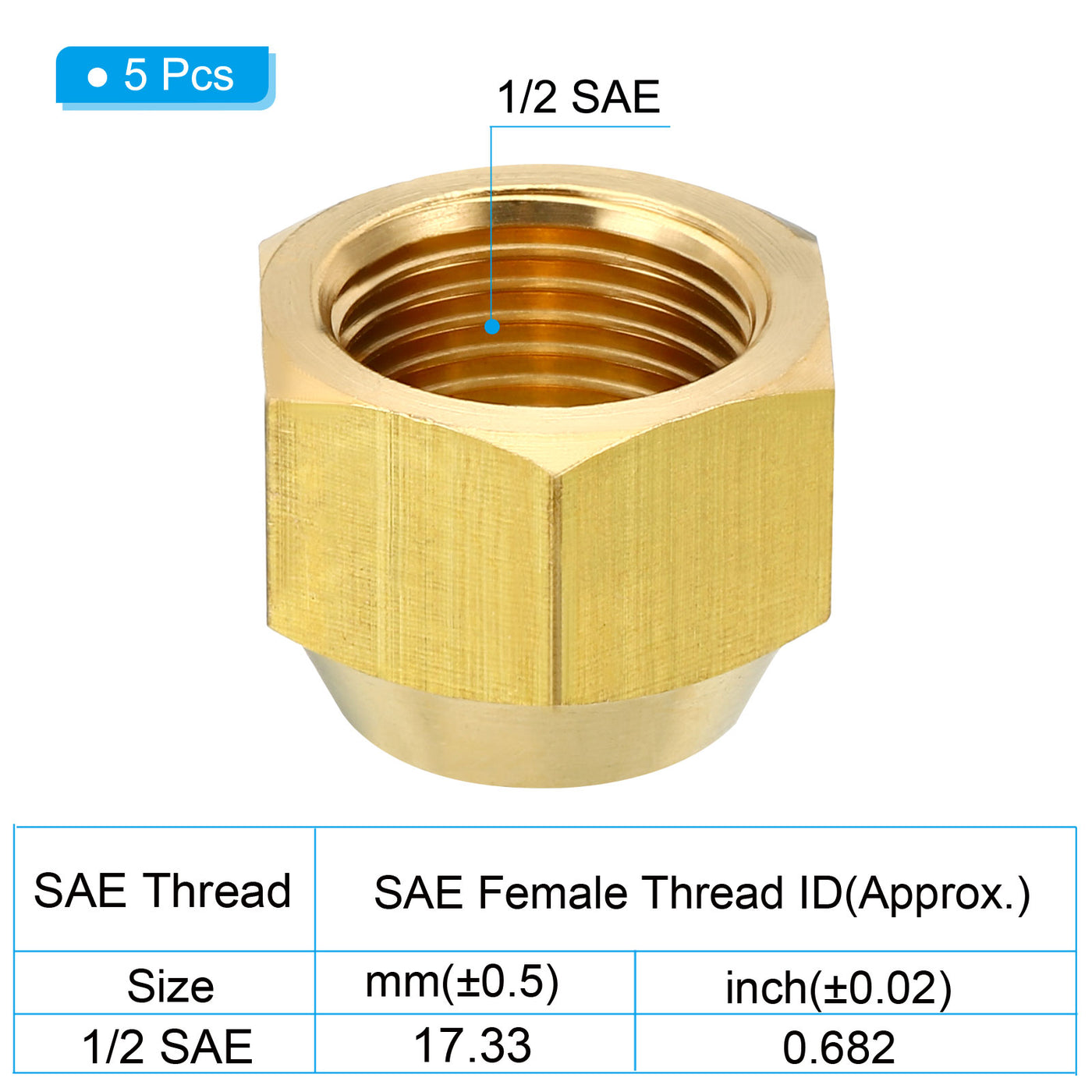 Harfington 1/2 SAE Thread Brass Flare Nut, 5 Pack 45 Degree Flared Tube Fitting Nut Hydraulic Pipe Fitting for Air Conditioner Water Gas Line, Glossy Surface