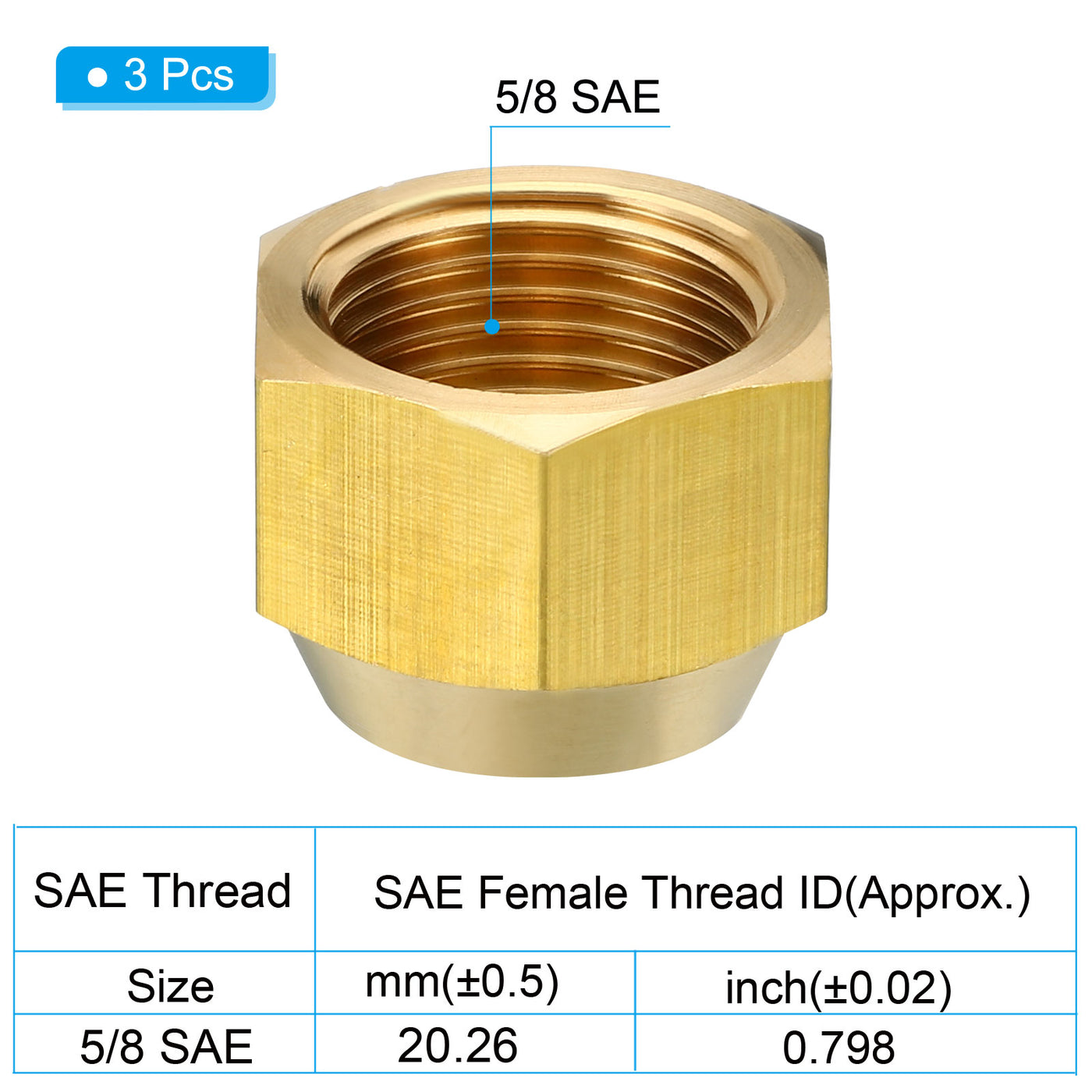 Harfington 5/8 SAE Thread Brass Flare Nut, 3 Pack 45 Degree Flared Tube Fitting Nut Hydraulic Pipe Fitting for Air Conditioner Water Gas Line, Glossy Surface