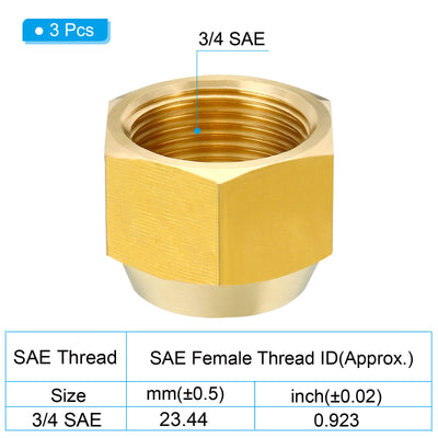 Harfington 3/4 SAE Thread Brass Flare Cap, 3 Pack 45 Degree Flared Tube Fitting Nut Hydraulic Pipe Fitting for Air Conditioner Water Gas Line, Glossy Surface