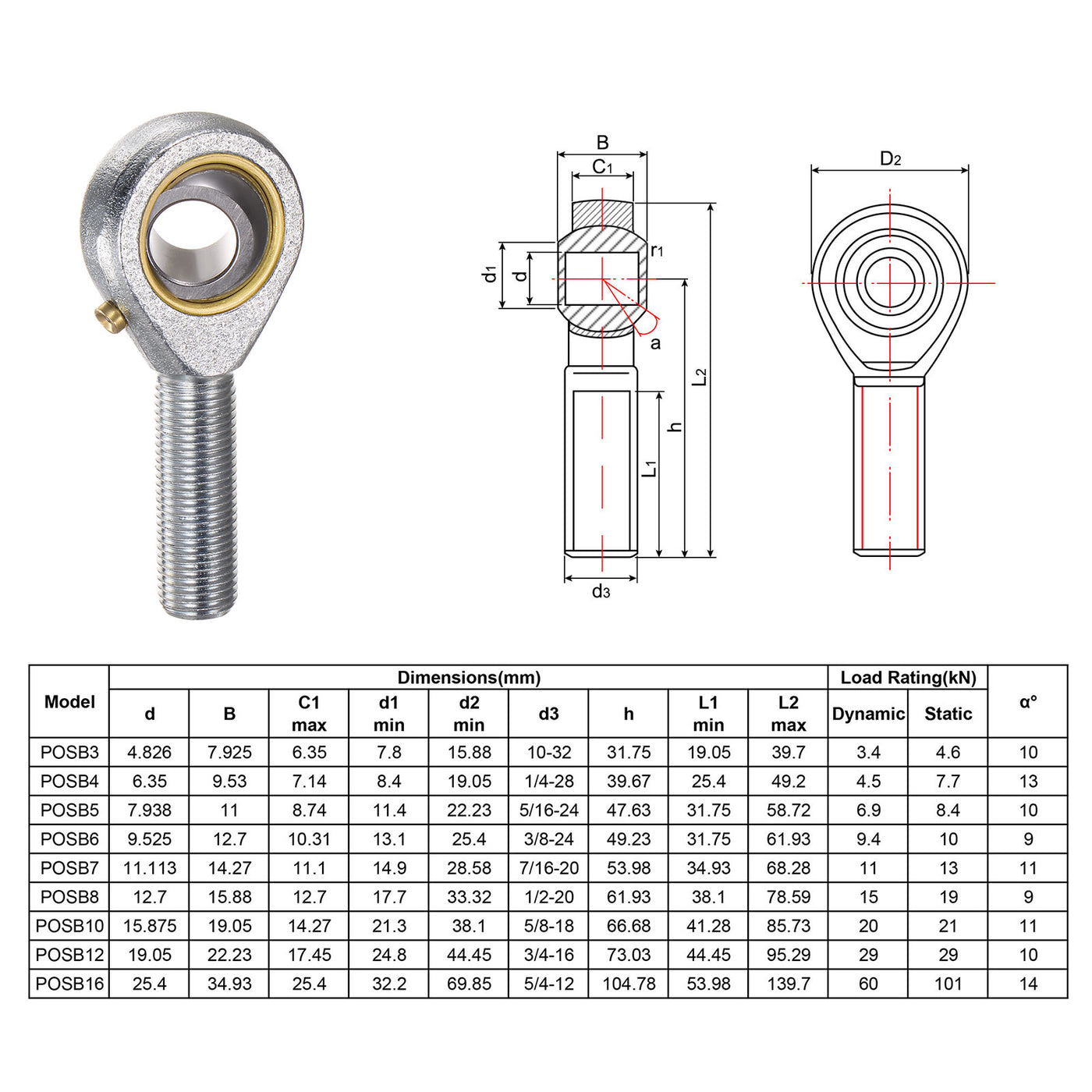 Uxcell POSB8 1/2" Male Rod End Set 2pcs of 1/220 Left and Right