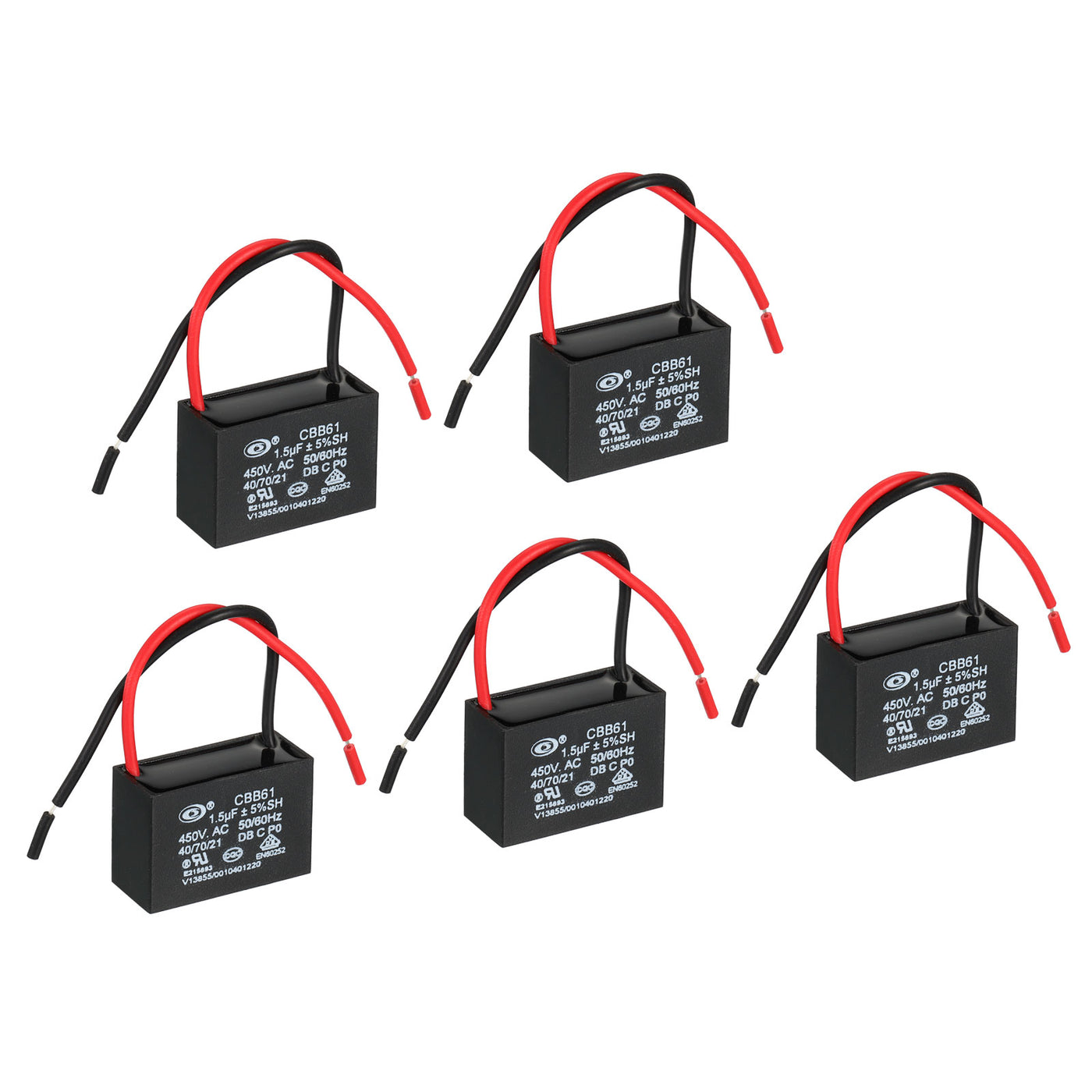 Harfington CBB61 Ceiling Fan Capacitor, 5Pcs 1.5uF 450V AC 50/60HZ with 2 Wires 37x28x25mm