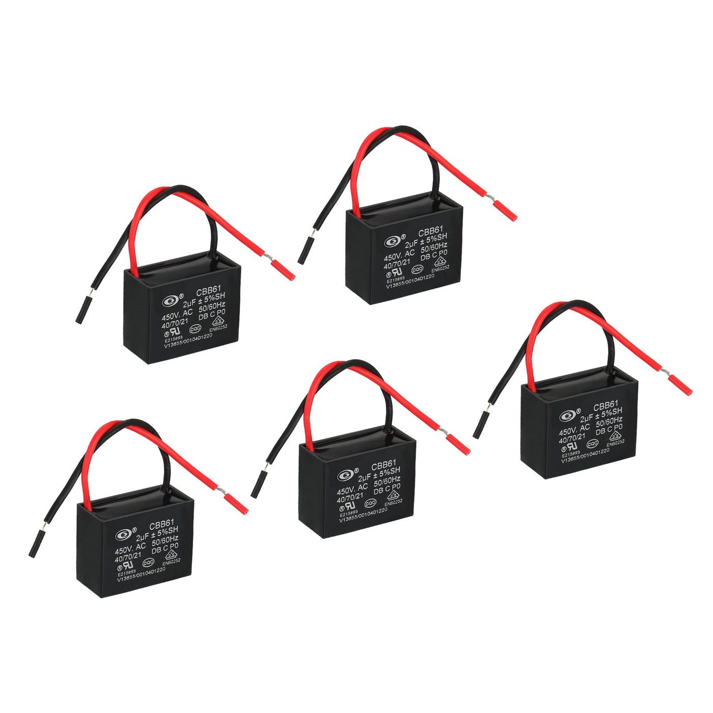 Harfington CBB61 Ceiling Fan Capacitor, 5Pcs 2uF 450V AC 50/60HZ with 2 Wires 38x30x29mm