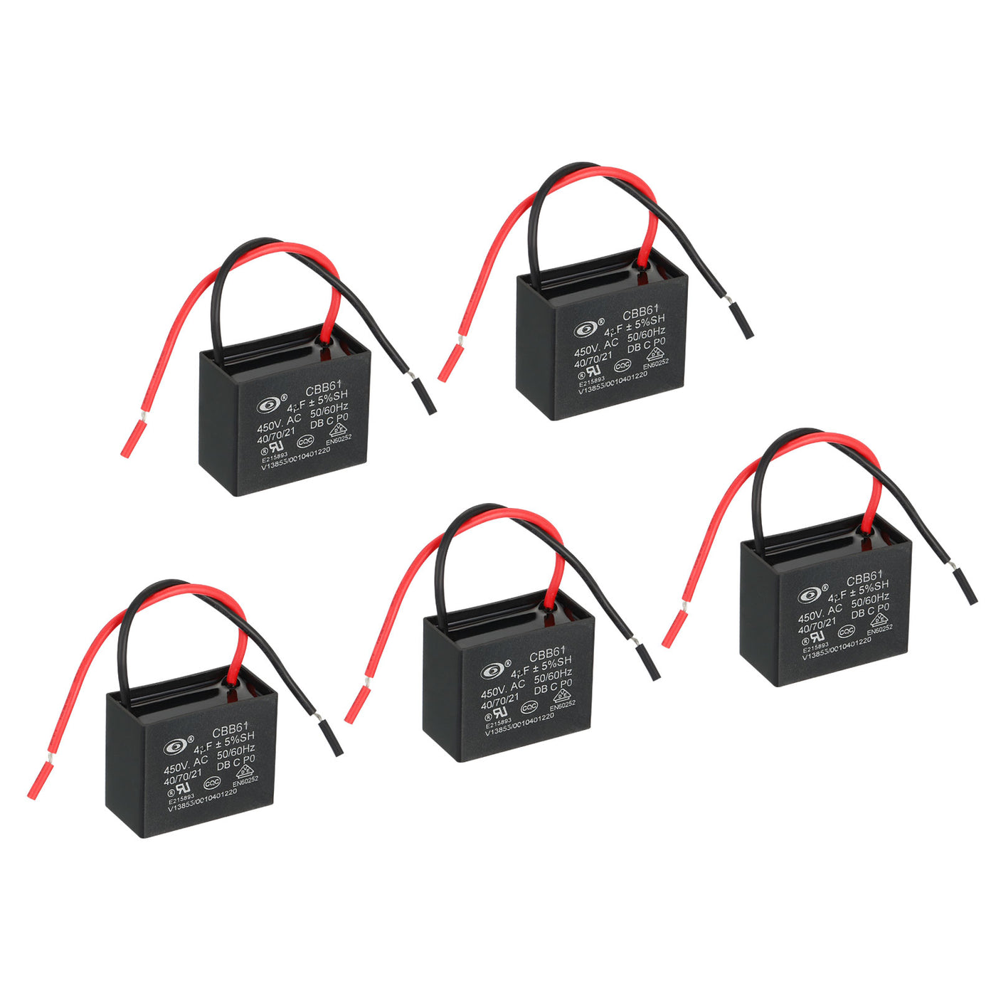 Harfington CBB61 Ceiling Fan Capacitor, 5Pcs 4uF 450V AC 50/60HZ with 2 Wires 39x30x31mm