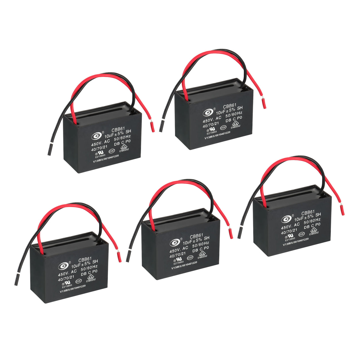 Harfington CBB61 Ceiling Fan Capacitor, 5Pcs 10uF 450V AC 50/60HZ with 2 Wires 60x40x42mm