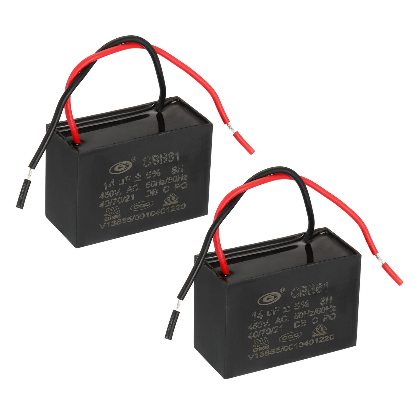 Harfington CBB61 Ceiling Fan Capacitor, 2Pcs 14uF 450V AC 50/60HZ with 2 Wires 60x40x42mm