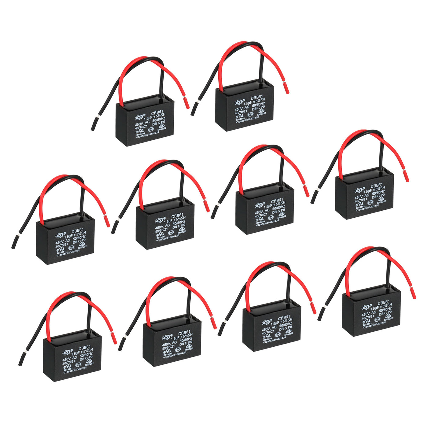 Harfington CBB61 Ceiling Fan Capacitor, 10Pcs 1.5uF 450V AC 50/60HZ with 2 Wires 37x28x25mm