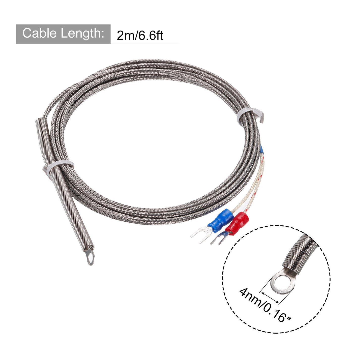 Harfington K Type Thermocouple Temperature Sensor PT100 4mm Ring High Temperature Probe 6.6ft Wire 0 to 600°C(32 to 1112°F) Stainless Steel