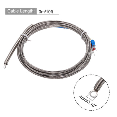 Harfington K Type Thermocouple Temperature Sensor PT100 4mm Ring High Temperature Probe 10ft Wire 0 to 600°C(32 to 1112°F) Stainless Steel