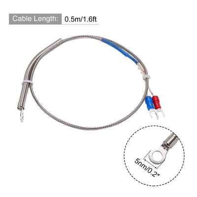Harfington K Type Thermocouple Temperature Sensor PT100 5mm Ring High Temperature Probe 1.6ft Wire 0 to 600°C(32 to 1112°F) Stainless Steel