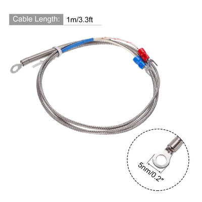 Harfington K Type Thermocouple Temperature Sensor PT100 5mm Ring High Temperature Probe 3.3ft Wire 0 to 600°C(32 to 1112°F) Stainless Steel