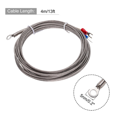 Harfington K Type Thermocouple Temperature Sensor PT100 5mm Ring High Temperature Probe 13ft Wire 0 to 600°C(32 to 1112°F) Stainless Steel