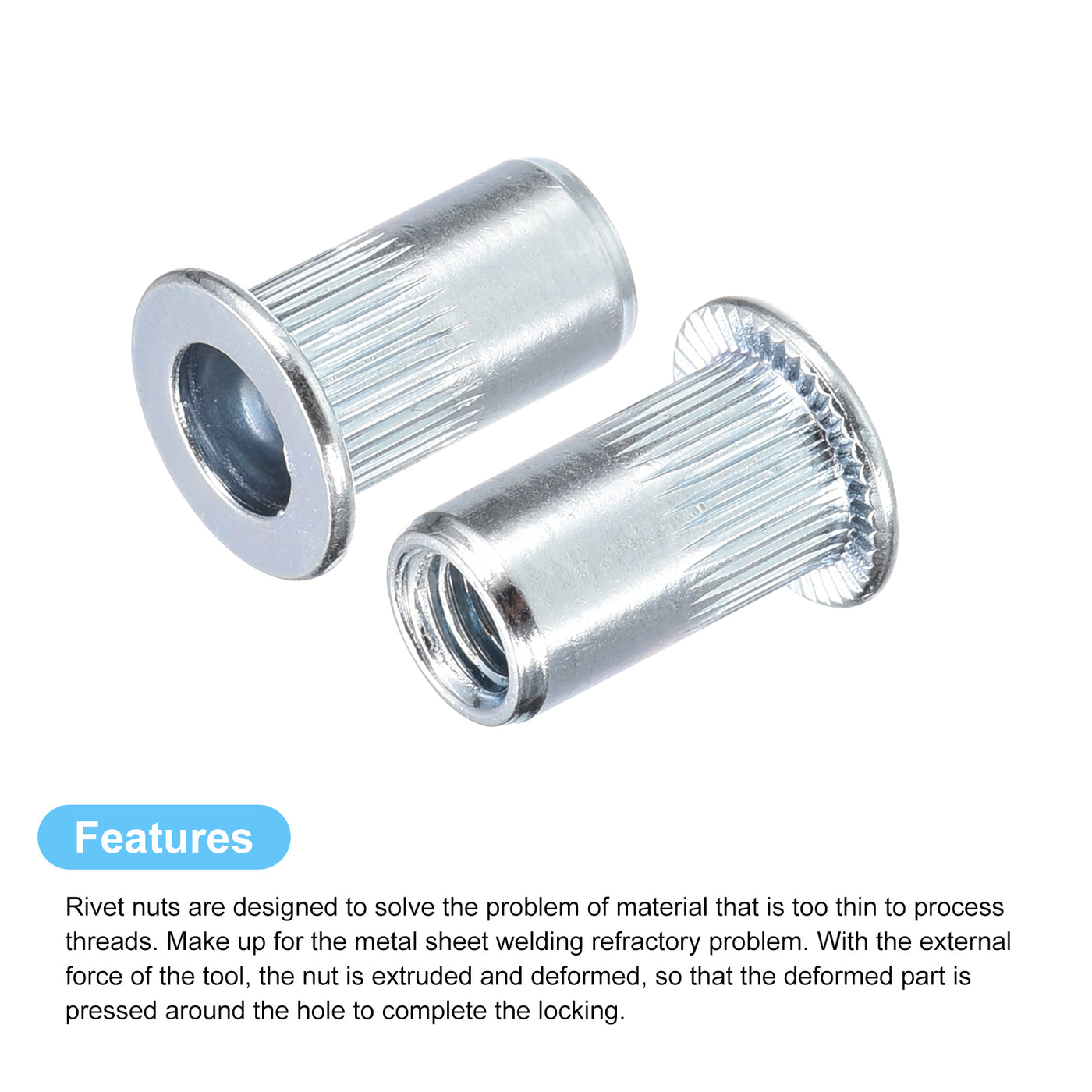 uxcell Uxcell Rivet Nuts, Zinc Plated Carbon Steel Knurled Flat Head Threaded Insert Nuts for Metal, Plastic