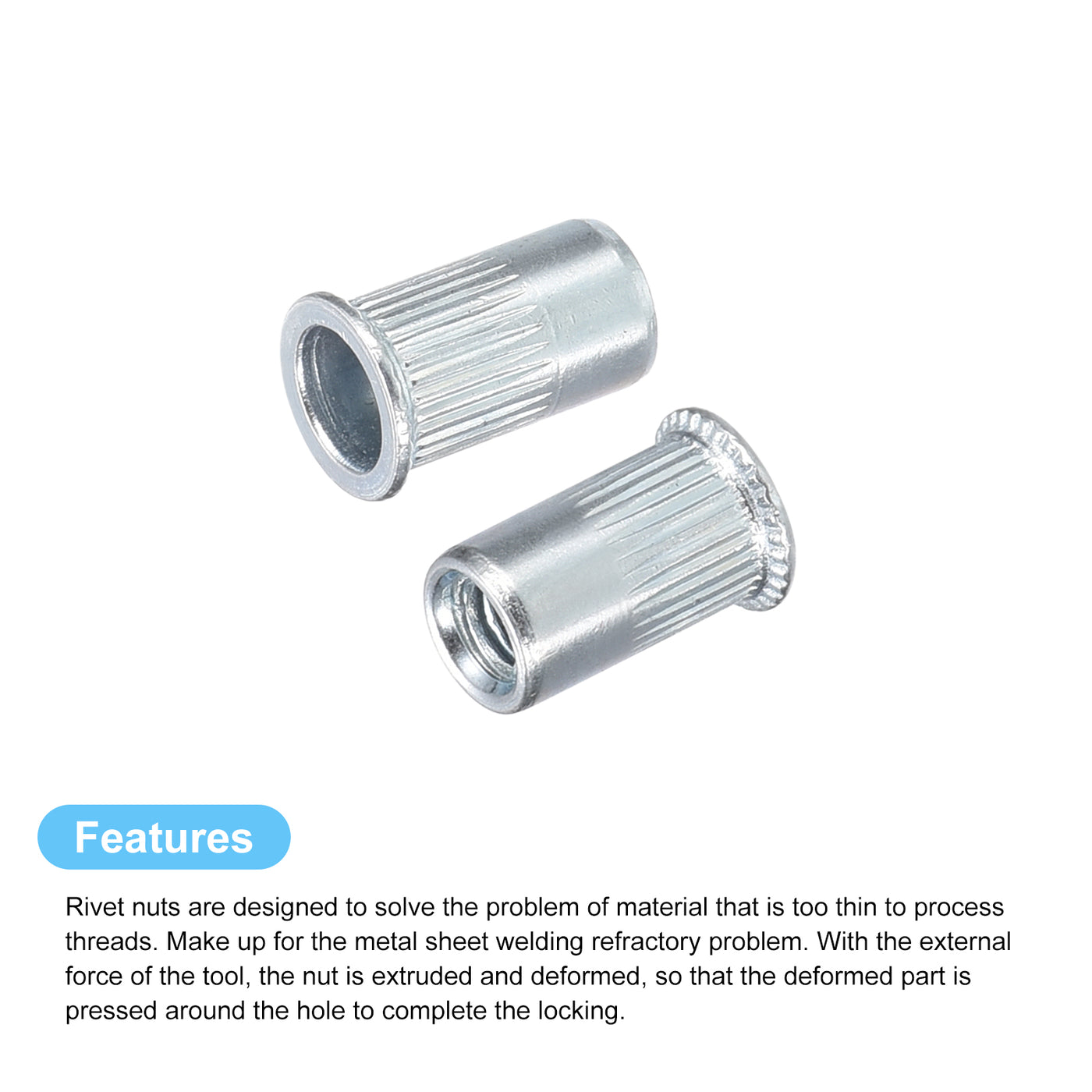 uxcell Uxcell Rivet Nuts, Zinc Plated Carbon Steel Knurled Flat Head Threaded Insert Nuts