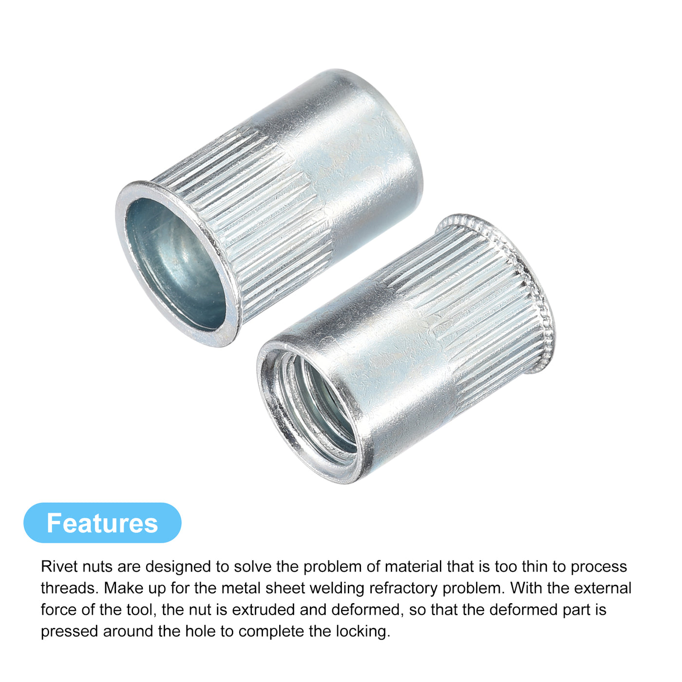 uxcell Uxcell Rivet Nuts, Zinc Plated Carbon Steel Knurled Flat Head Threaded Insert Nuts