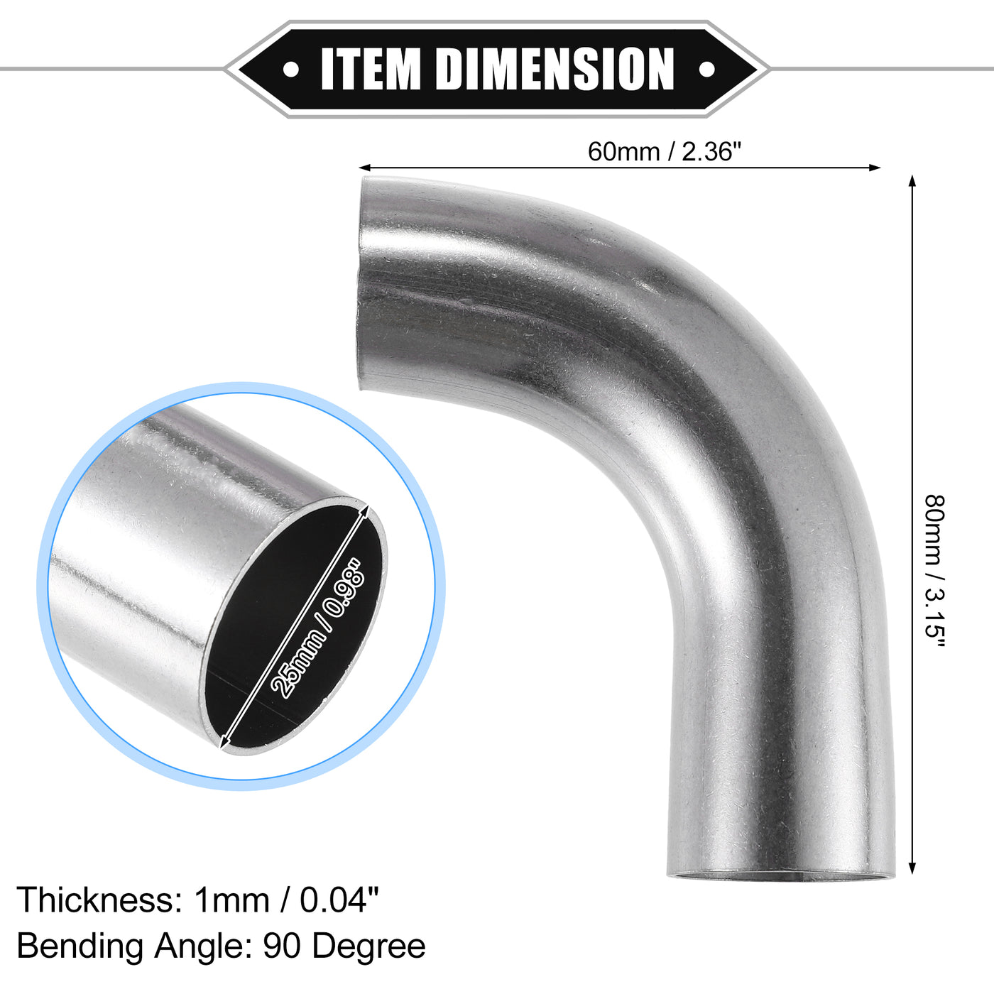 VekAuto 2 Pcs Bend Elbow Pipe Tube, 1" OD 3.15" 2.36" Leg 90 Degree DIY Exhaust Pipe Intercooler Air Intake Tube Universal for Car Truck Durable 304 Stainless Steel Silver Tone